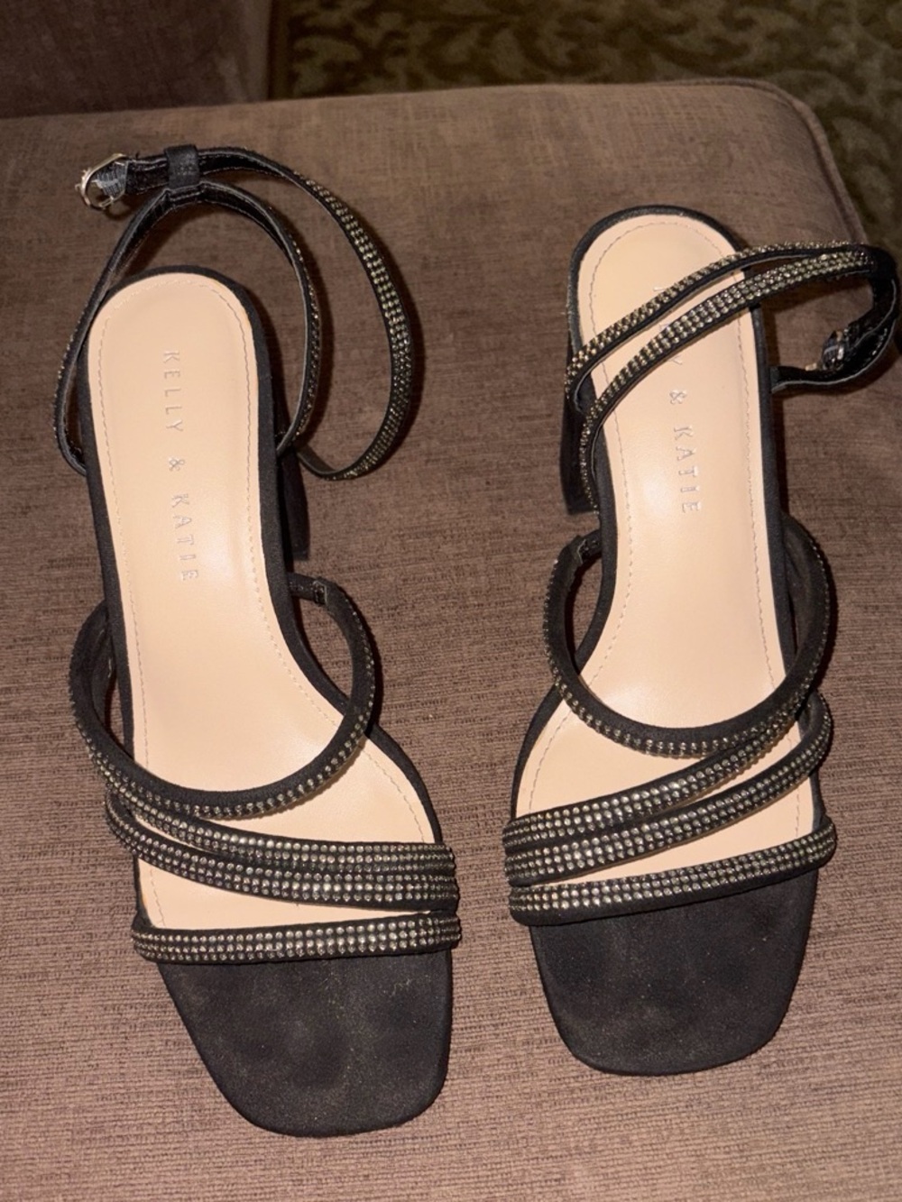 Kelly & Katie Black Strappy Rhinestone Block Heel Sandals